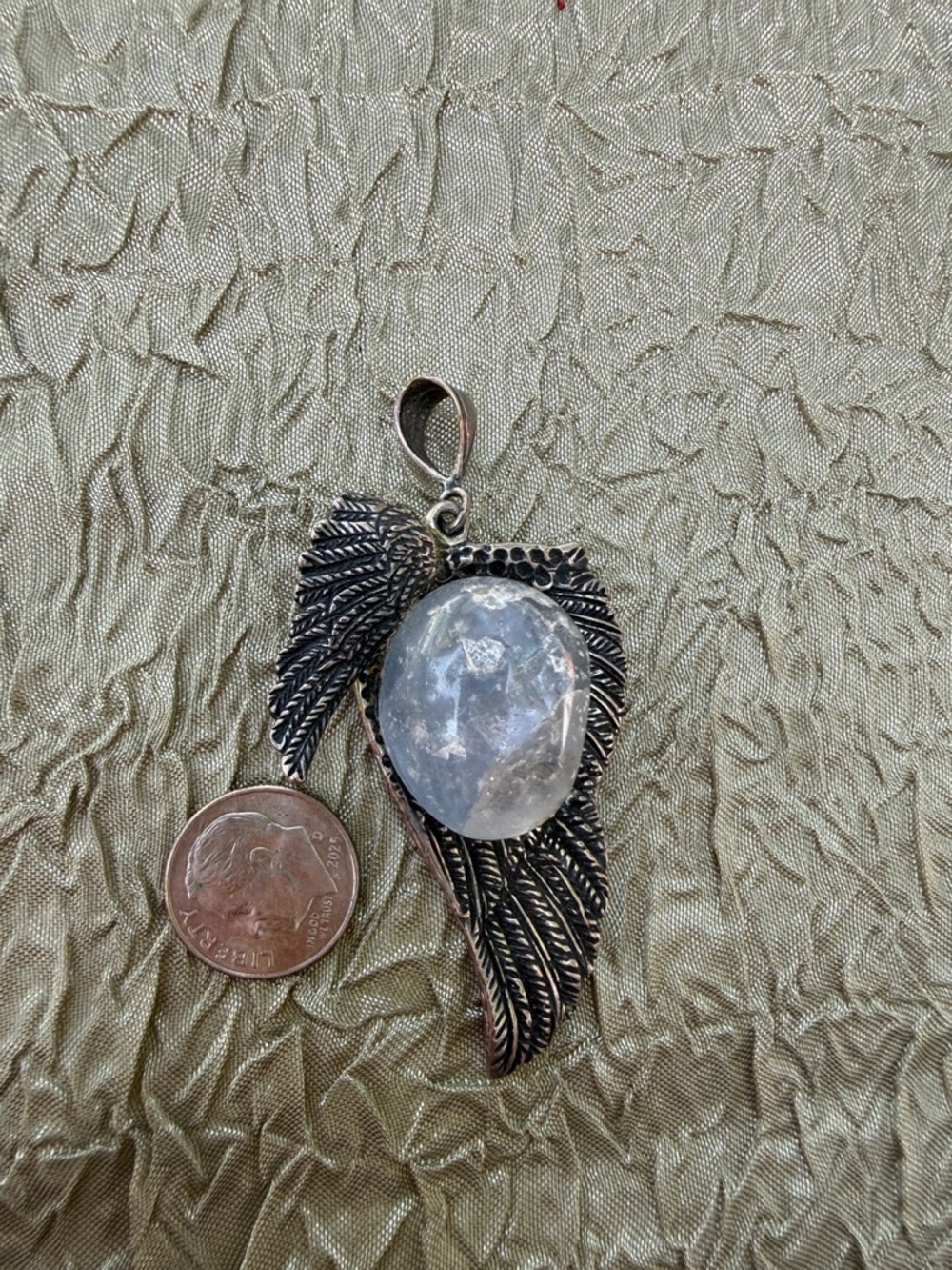 Silver Angel Wing Pendant with natural Clear Crystal